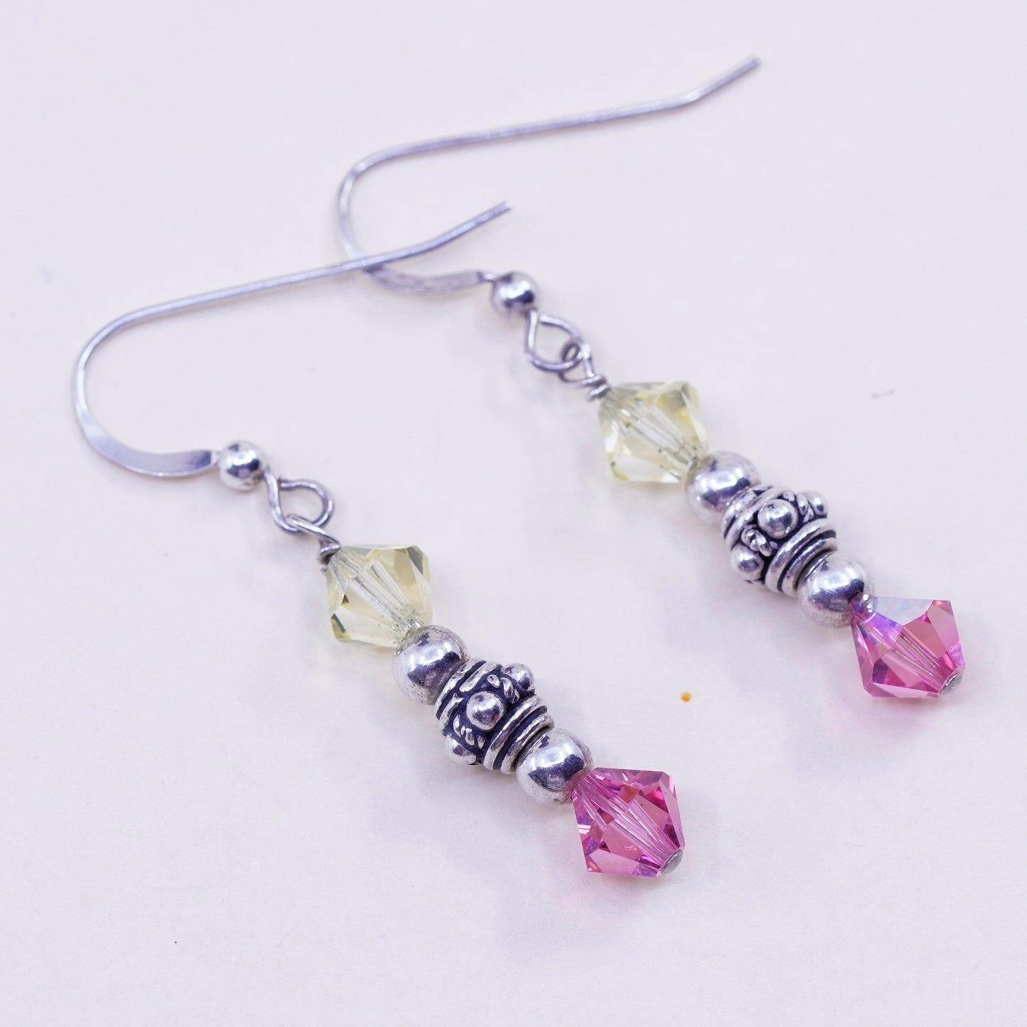 Vintage Sterling silver handmade earrings, 925 hooks with pink crystal