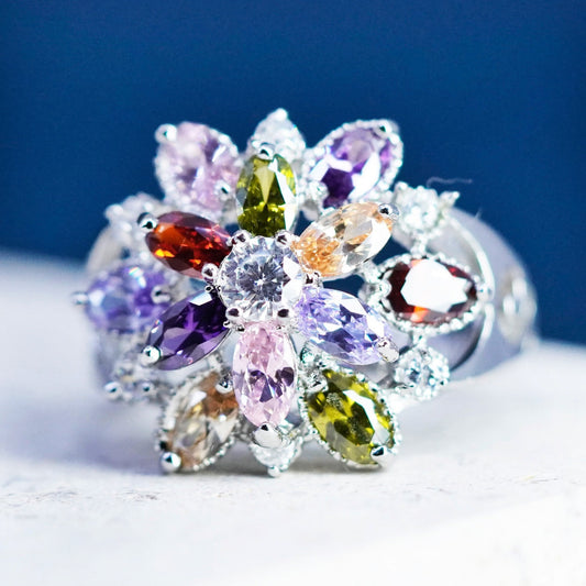 Size 6.5, vtg Sterling 925 silver snowflake flower ring w/ cluster Colorful Cz