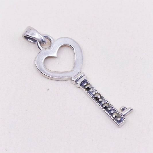 Vintage sterling silver key pendant, 925 charm with Marcasite