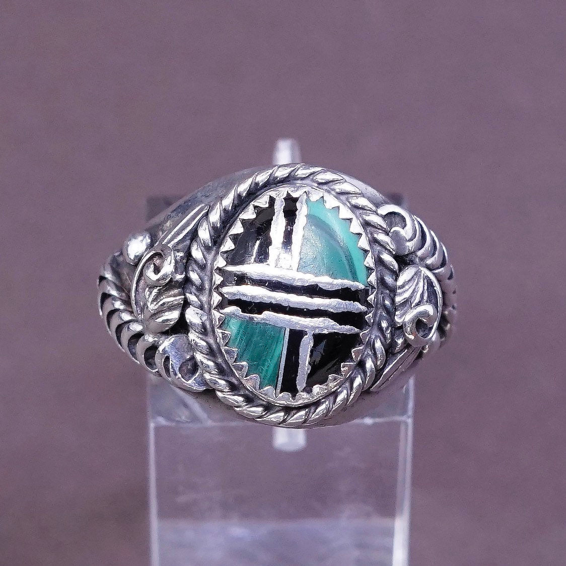 sz 9, vintage sterling silver handmade ring, 925 w/ obsidian N malachite