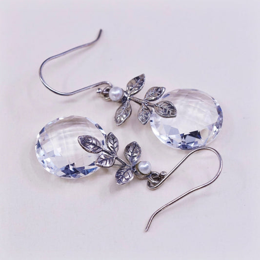 vtg Israel Sterling silver handmade earrings, 925 leaves w/ pearl n cz dangles