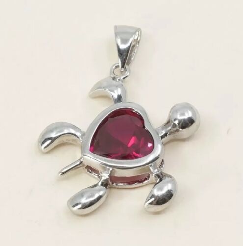 Vtg Sterling Silver Handmade turtle Pendant W/ Red Cz inlay, stamped 925