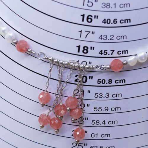 19”, Vtg 925 Sterling Silver Pink Rose Quartz Pearl Beads W/ Fringe Pendant