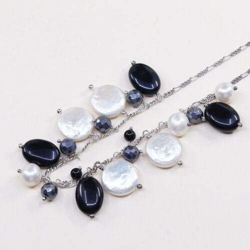 16”+2”, Vtg J Jill 925 Sterling Silver Figaro chain necklace W/ Pearl N Obsidian