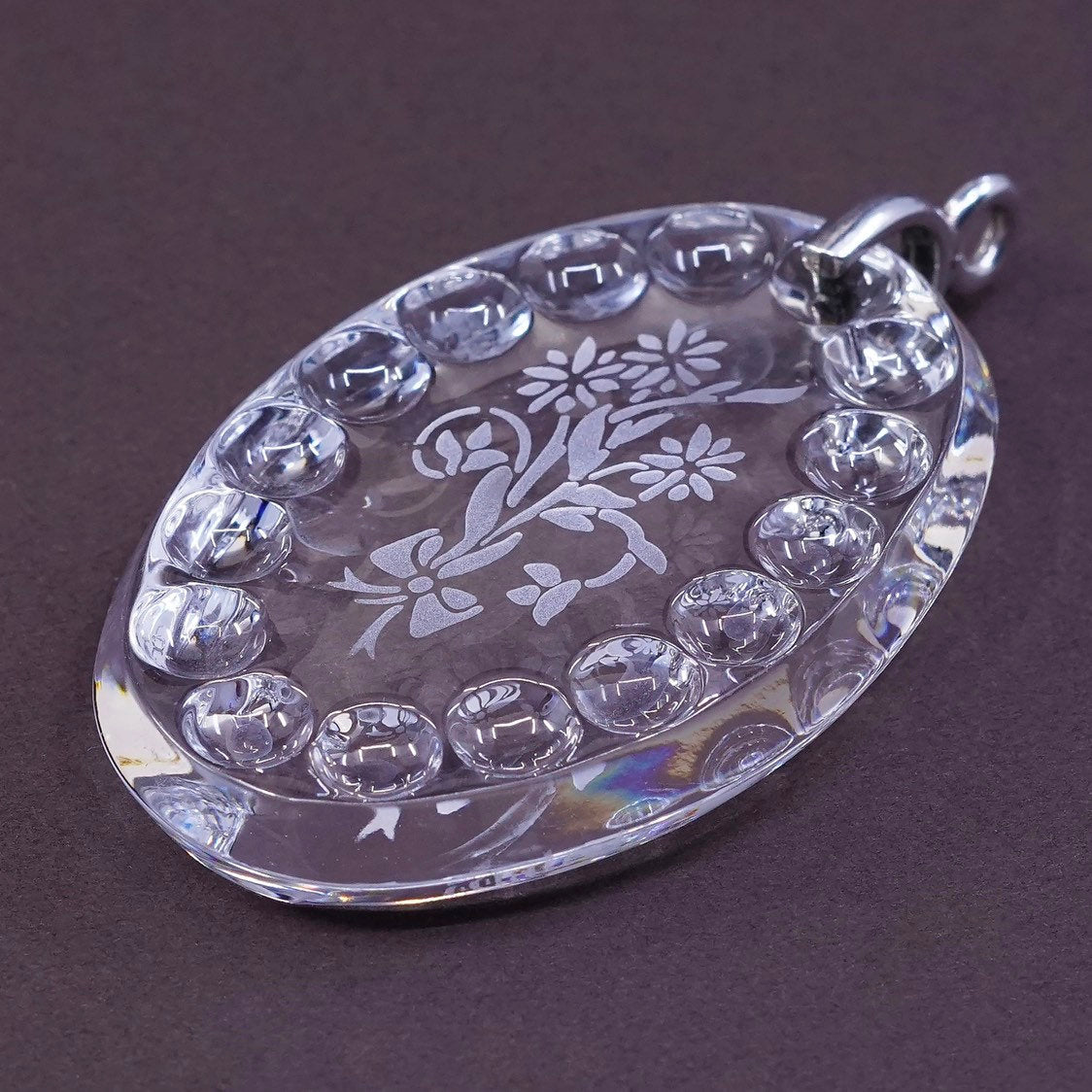 vtg Sterling 925 silver with oval artisan Crystal glass pendant with flower