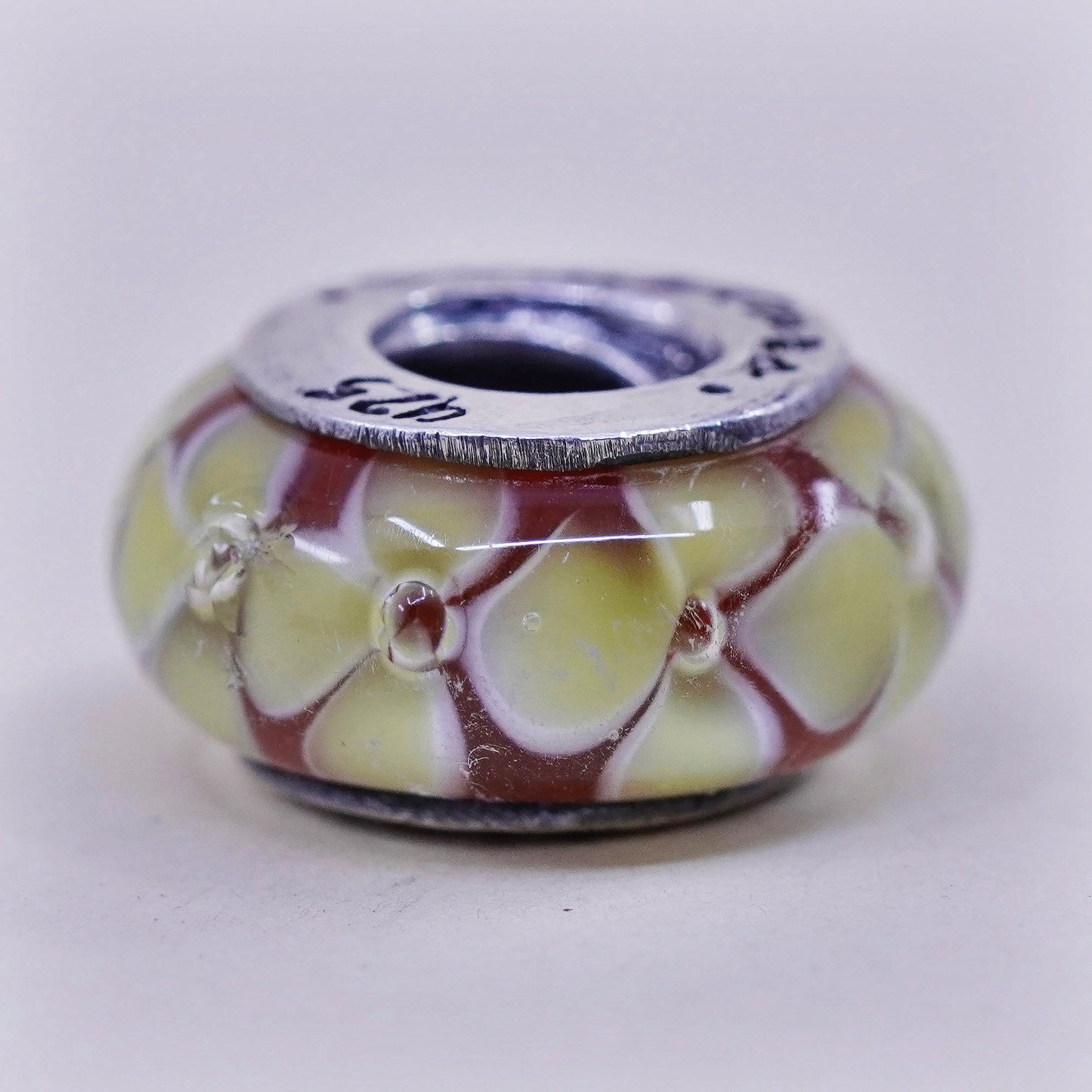 Vintage Sterling 925 silver handmade yellow floral Murano glass bead charm