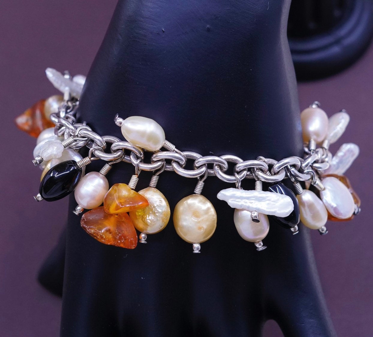 7.25", Sterling silver bracelet, 925 circle chain w/ pearl N amber obsidian