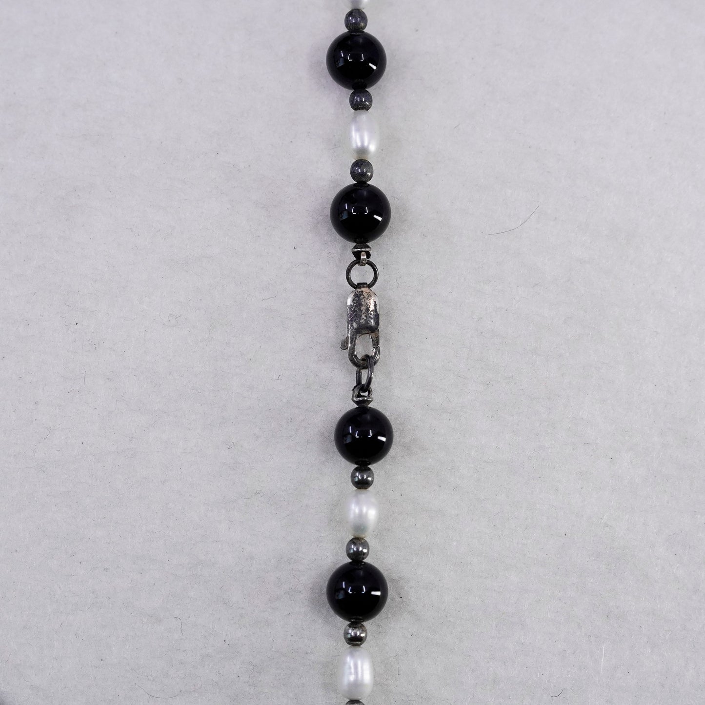 18”, vintage Sterling 925 silver handmade obsidian and pearl necklace