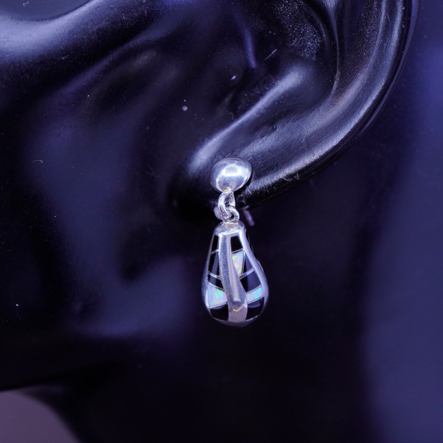 Native American sterling silver earrings, zuni 925 teardrop w/ obsidian opal