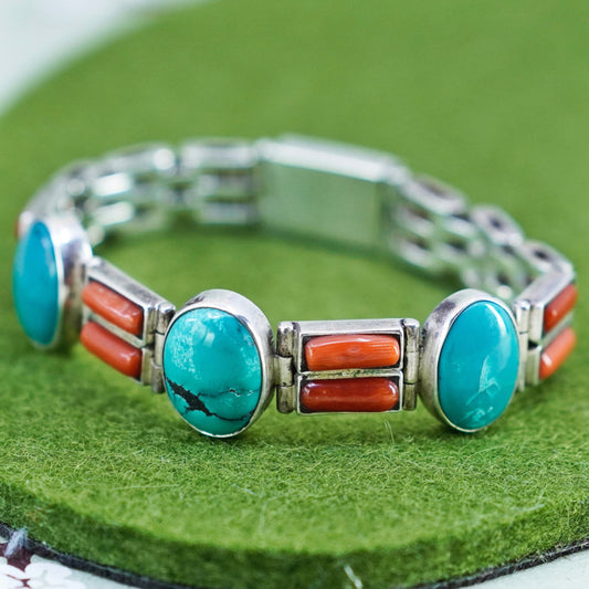 6.25”, southwestern Sterling 925 silver tennis bracelet with turquoise coral