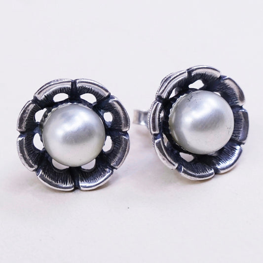 Vintage Sterling silver handmade earrings, 925 flower studs with pearl