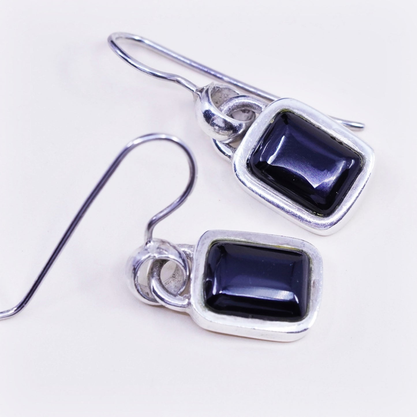 Vintage Sterling 925 silver handmade earrings with square obsidian drops