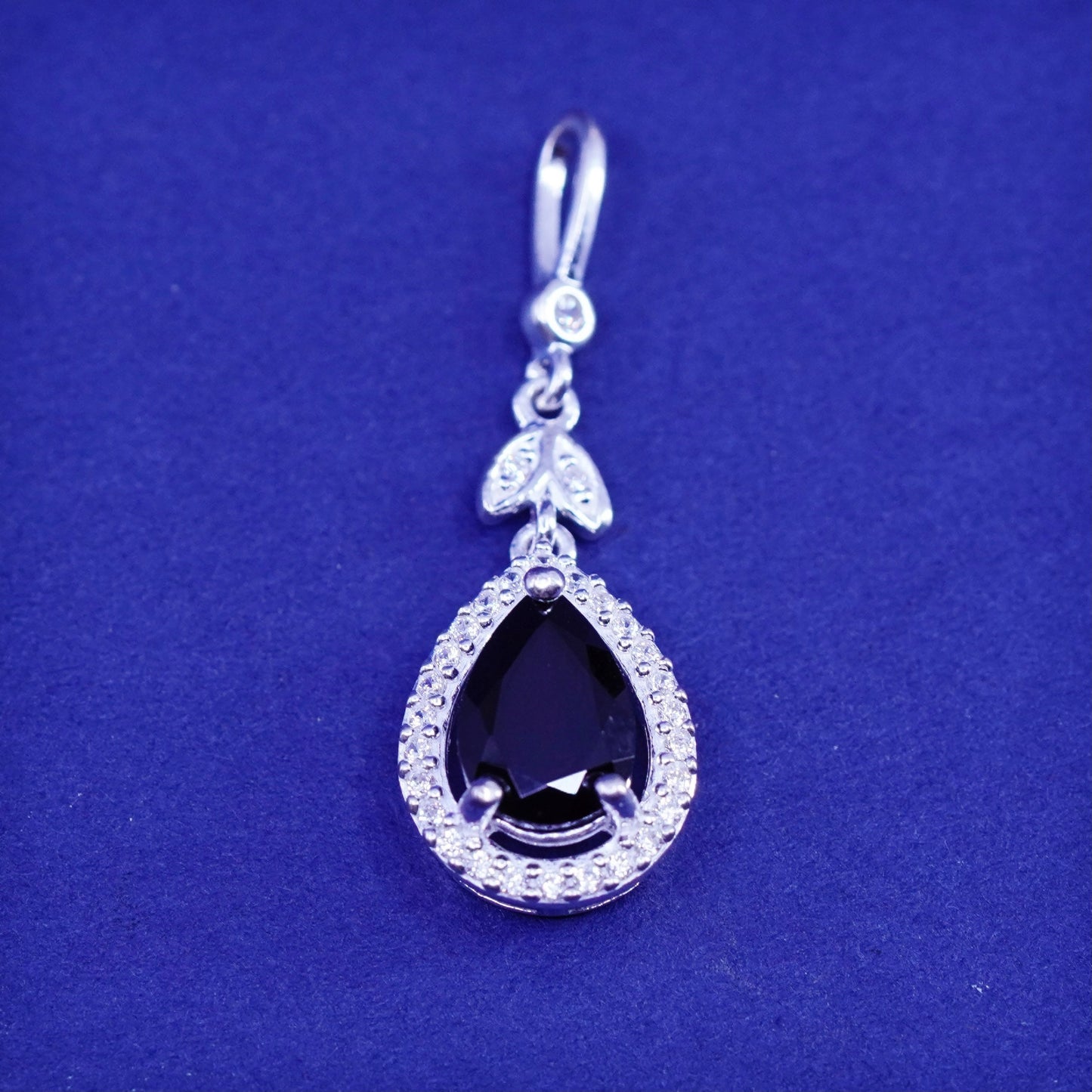 Vintage Sterling silver charm pendant, 925 teardrop with sapphire and cz