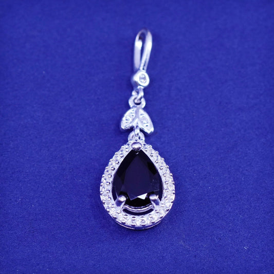 Vintage Sterling silver charm pendant, 925 teardrop with sapphire and cz