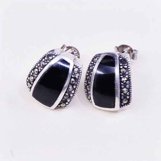 vtg Sterling silver handmade earrings, 925 stud with obsidian and marcasite