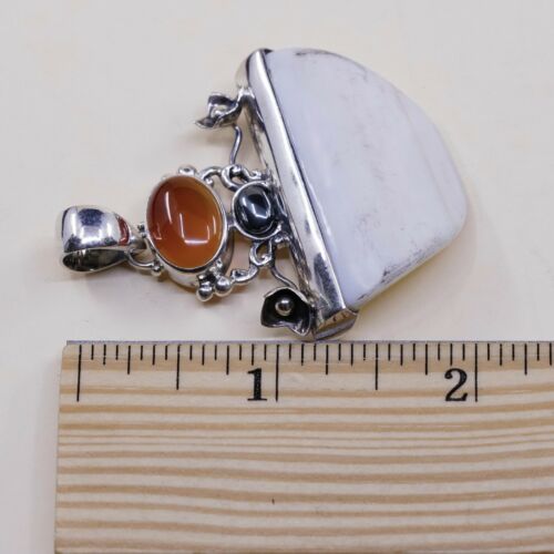 Vtg Sterling 925 Silver Handmade Pendant, mother Of Pearl (MOP) W/ Carnelian