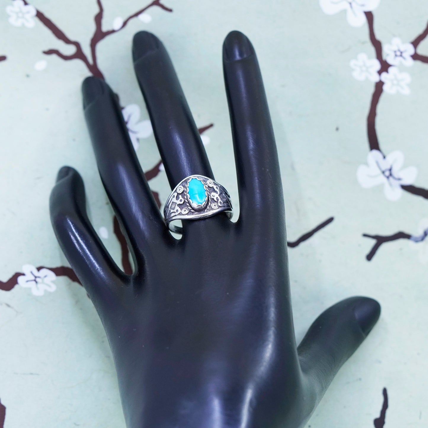Size 9.5, Native American sterling silver ring, 925 band turquoise thunderbird