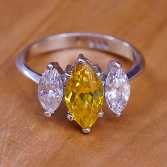 Size 7.5, vintage Sterling 925 silver handmade ring marquise shaped citrine cz