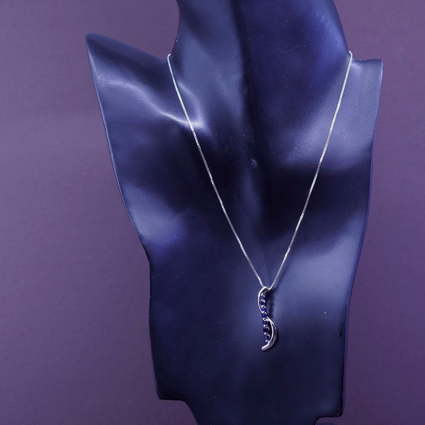 16”, Sterling silver necklace, 925 box chain with sapphire wavy pendant