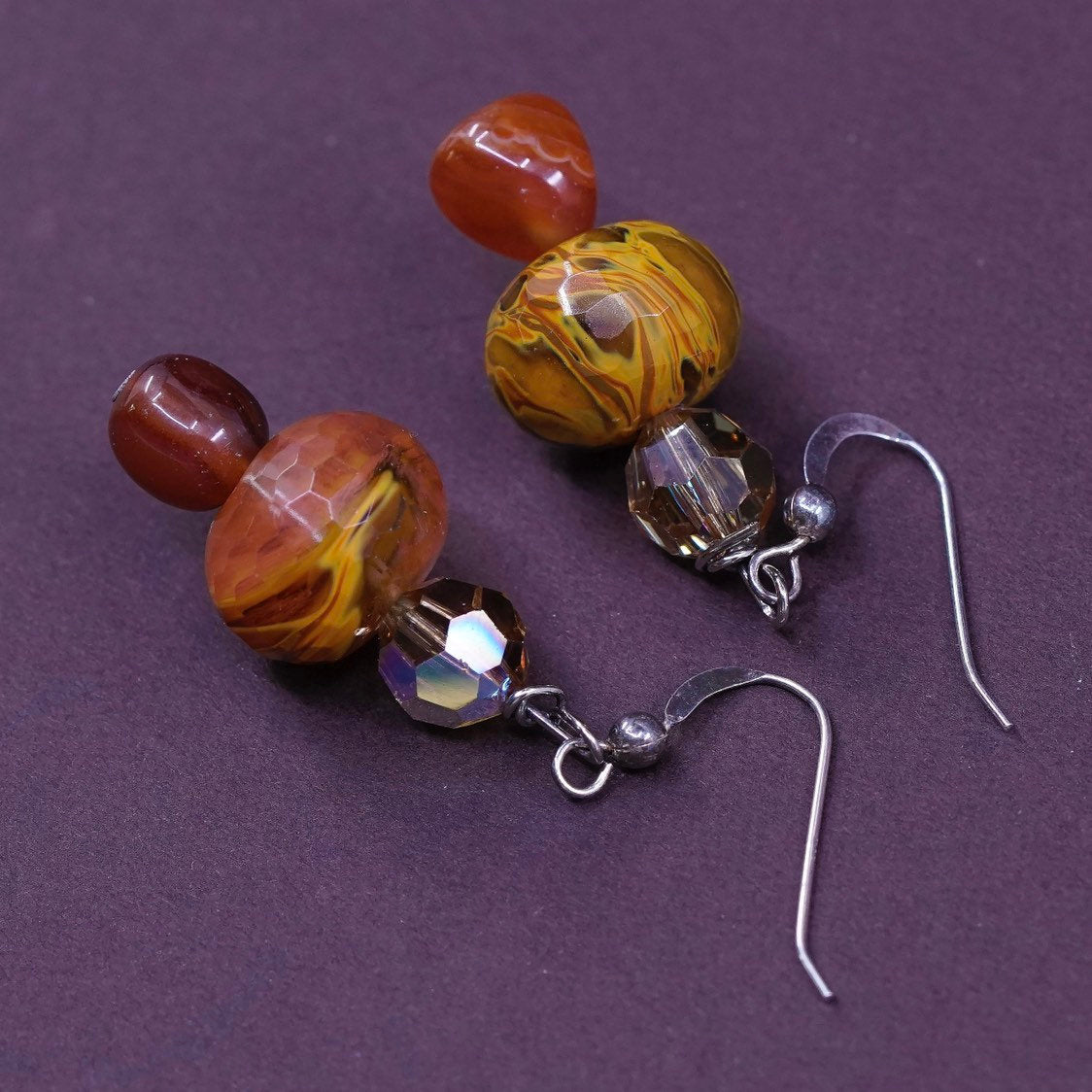 vtg Sterling silver handmade earrings, 925 w/ orange agate beads, Stamped 925