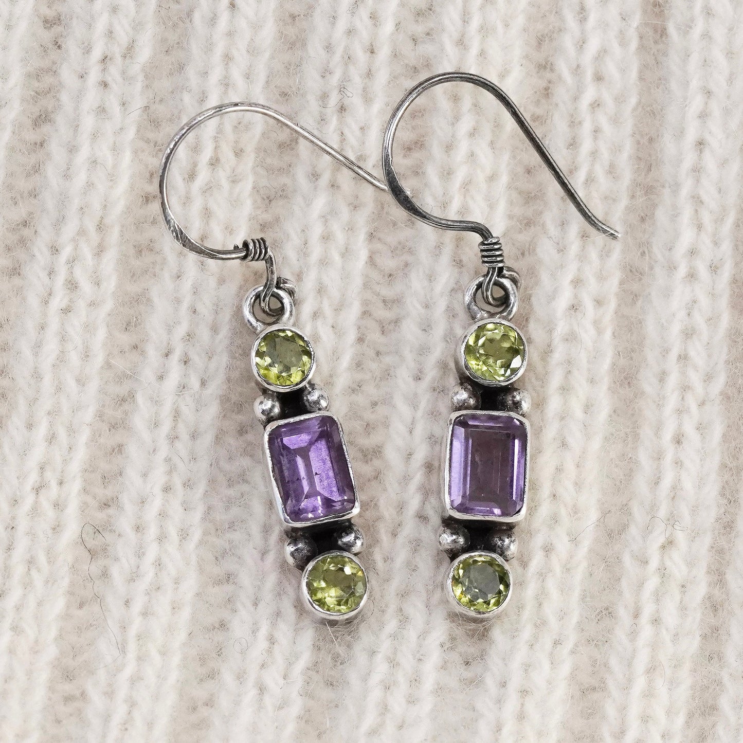 Vintage sterling 925 silver handmade earrings with amethyst peridot