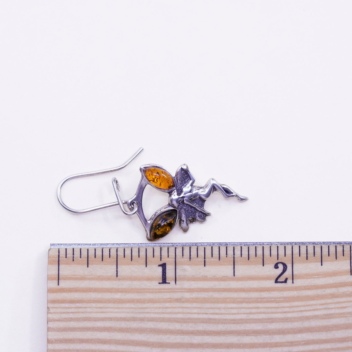 Vintage Sterling silver handmade earrings, 925 fairy with amber