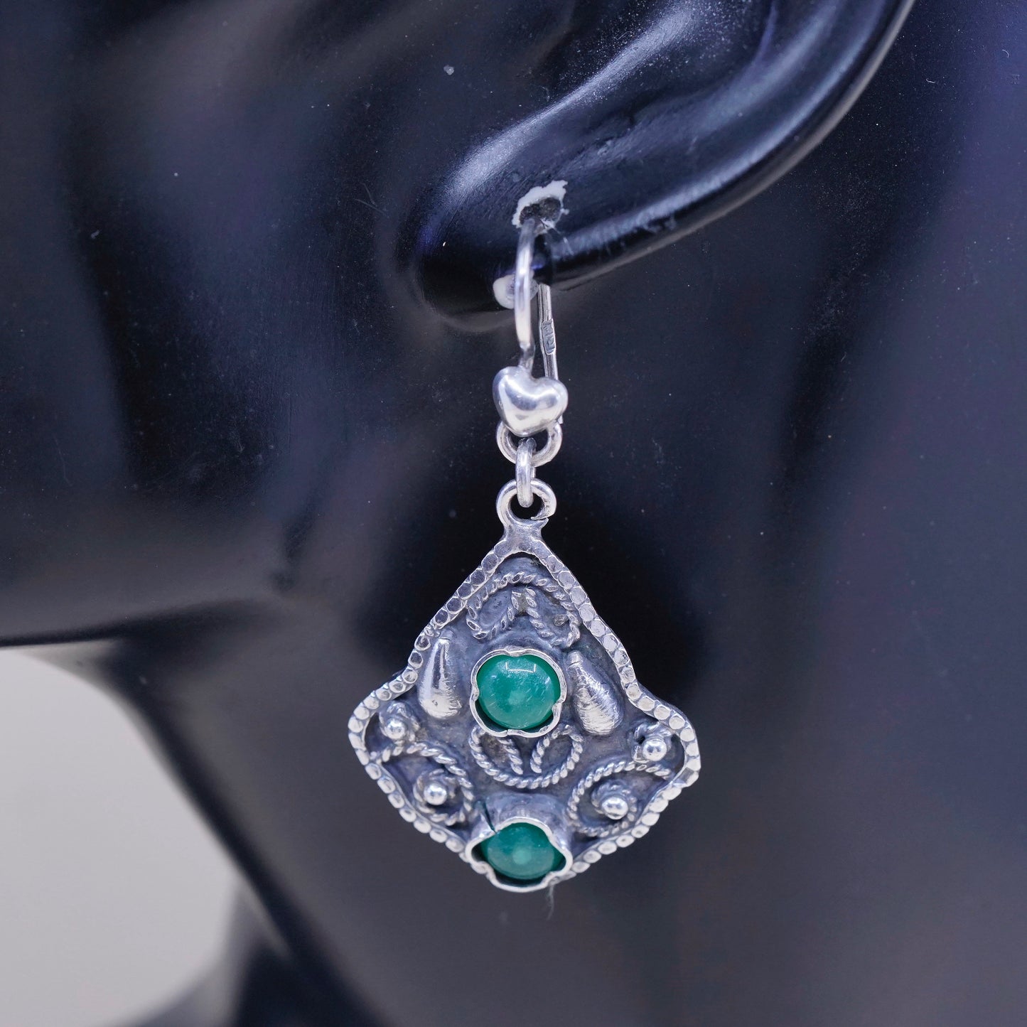 Vintage Native American sterling silver handmade earrings, 925 bali with jade