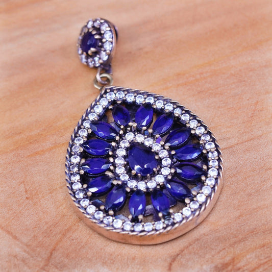 two tone Sterling silver handmade pendant, 925 teardrop w/ cluster sapphire Cz