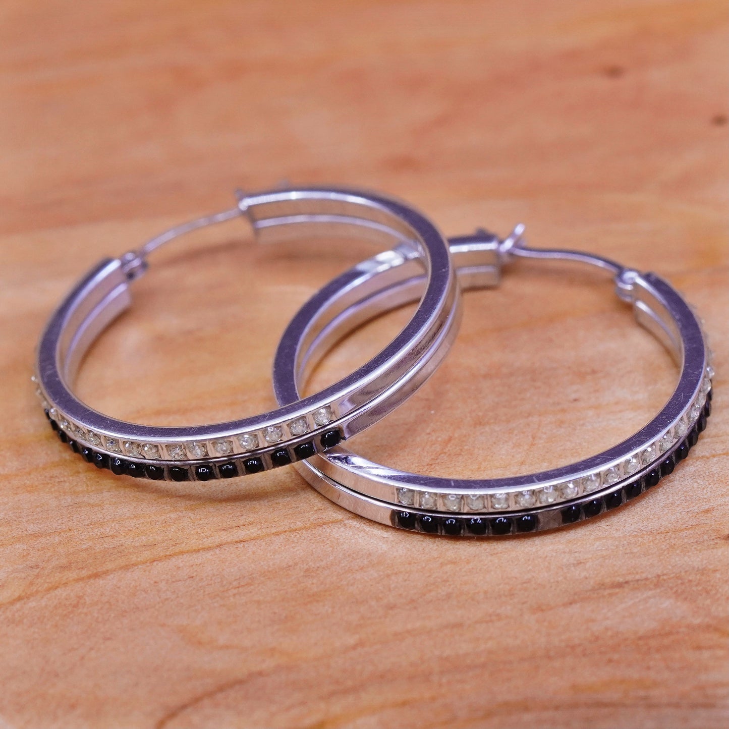 1.25”, vtg SLC Sterling silver handmade earrings, 925 hoops w/ cluster crystal