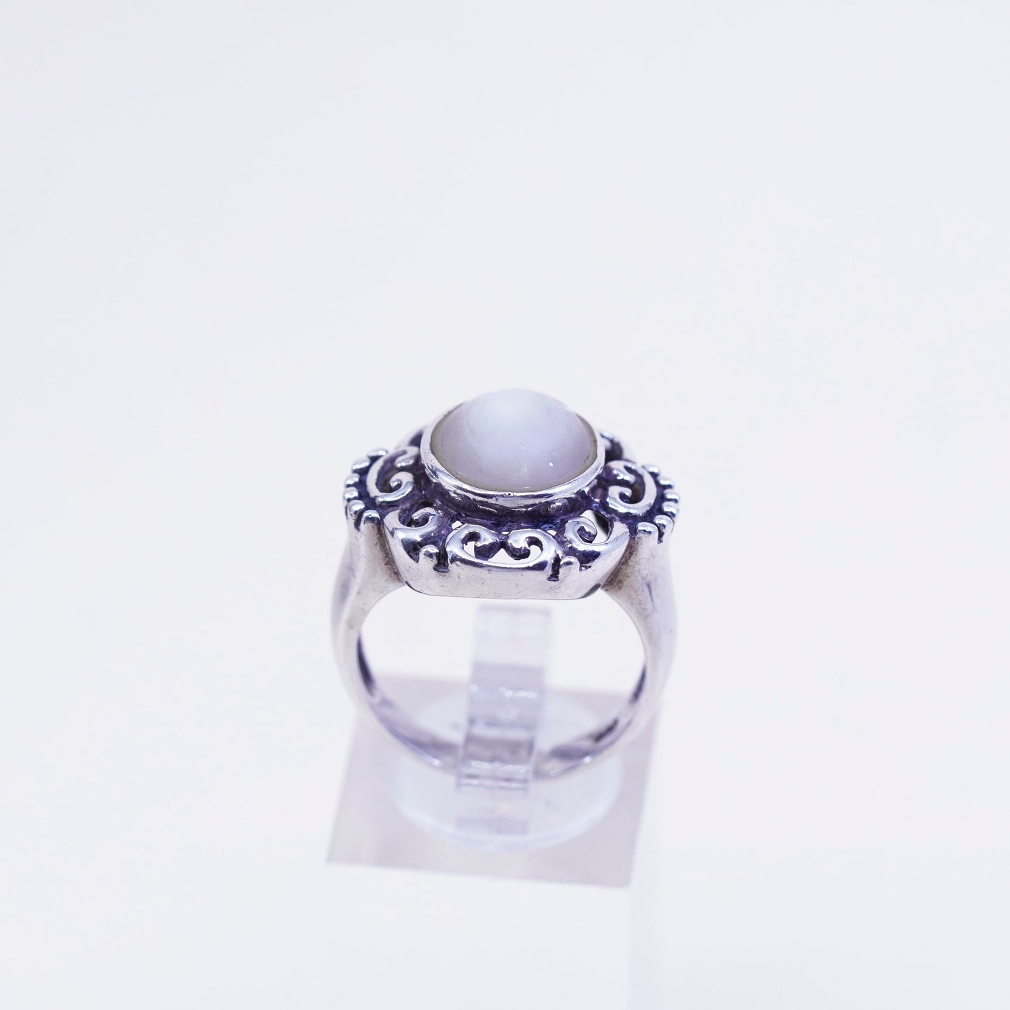 Size 8.25, vintage CFJ sterling 925 silver handmade filigree ring w/ moonstone