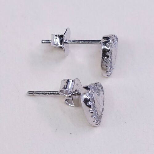 Vtg Sterling silver Handmade Earrings, 925 heart Studs W/ Cz Arond, Stamped 925