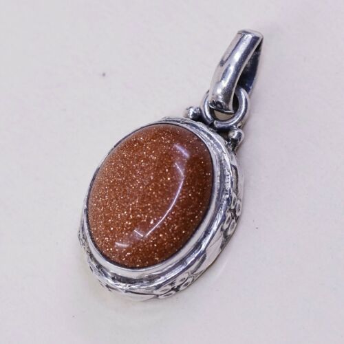 Vintage Sterling Silver Handmade Pendant, 925 Silver W/ Oval Goldstone