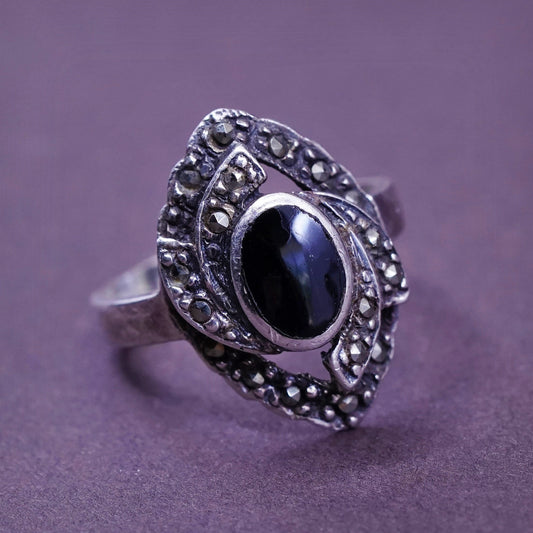 Size 5, Vintage Sterling 925 silver handmade ring with black onyx and marcasite