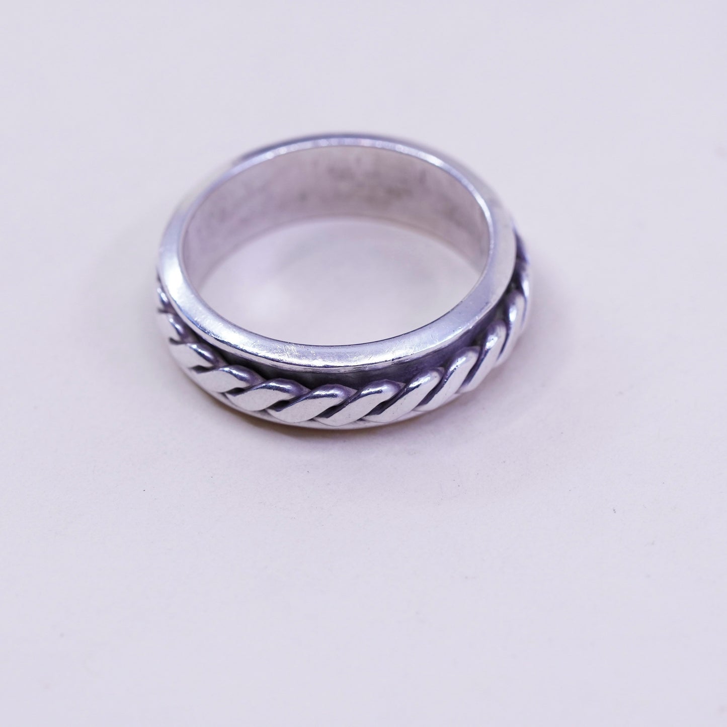 Size 14, vintage sterling silver handmade ring, 925 spinner roller band cable