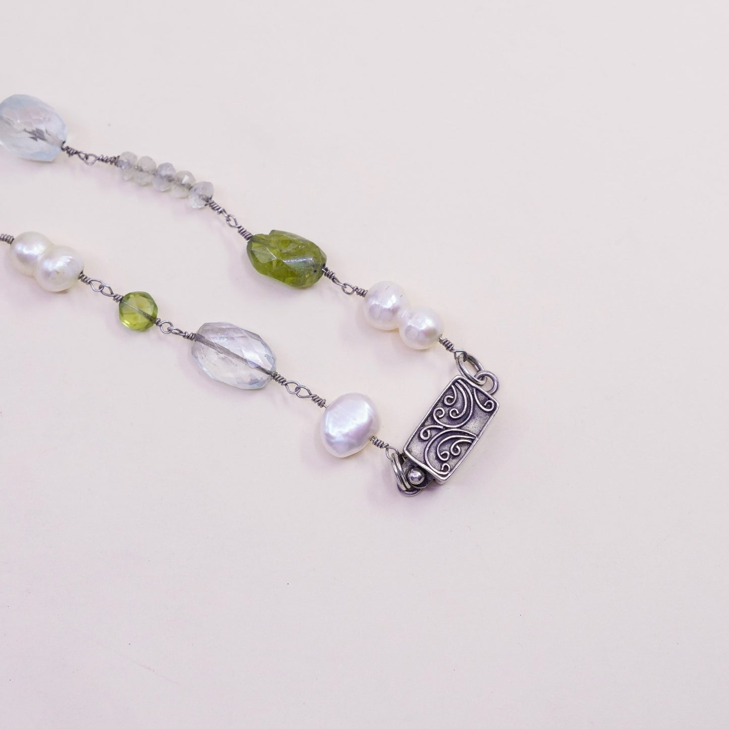 16”, vtg sterling 925 silver handmade necklace with nugget prehnite and pearl