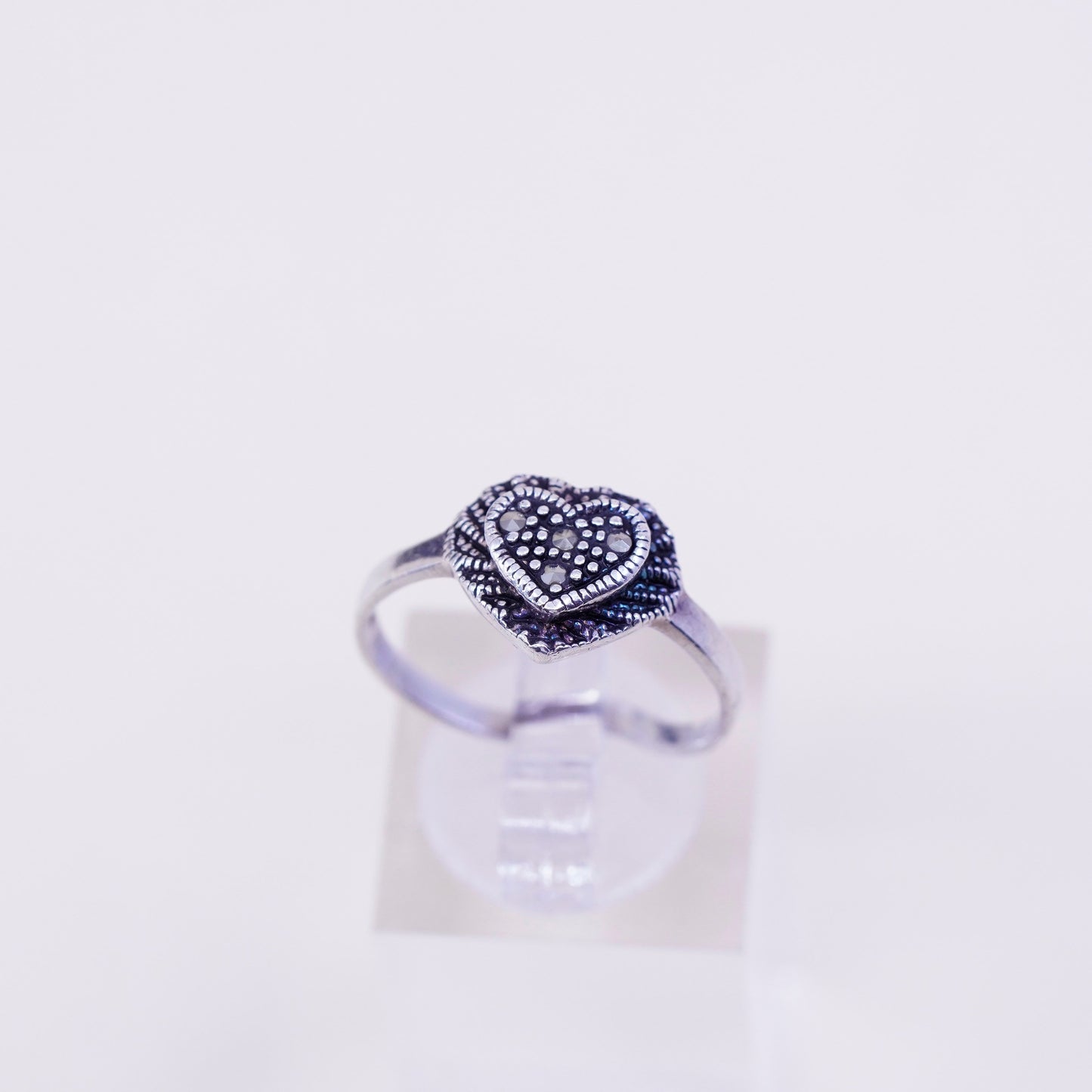 Size 8.5, vintage Sterling silver handmade ring, 925 heart with marcasite