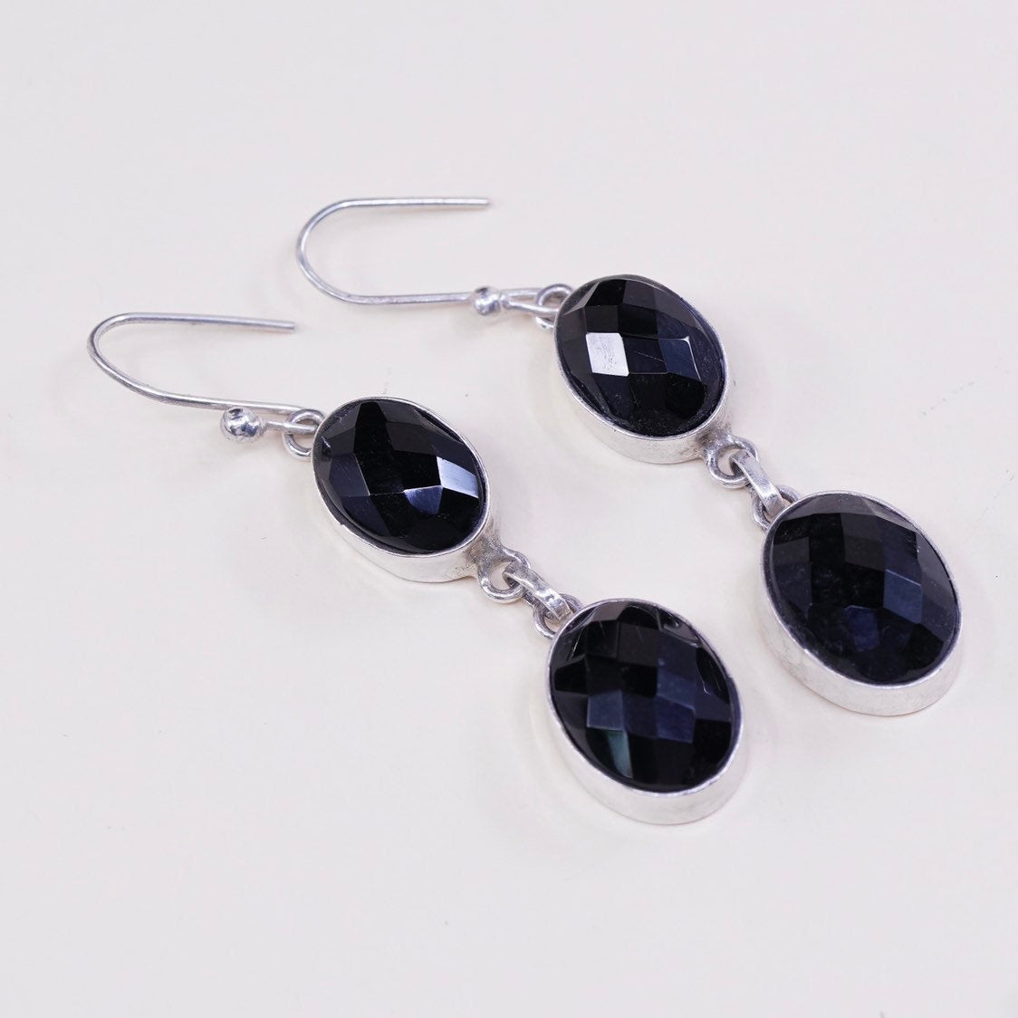 vtg Sterling silver handmade earrings, 925 w/ oval shaped obsidian drops