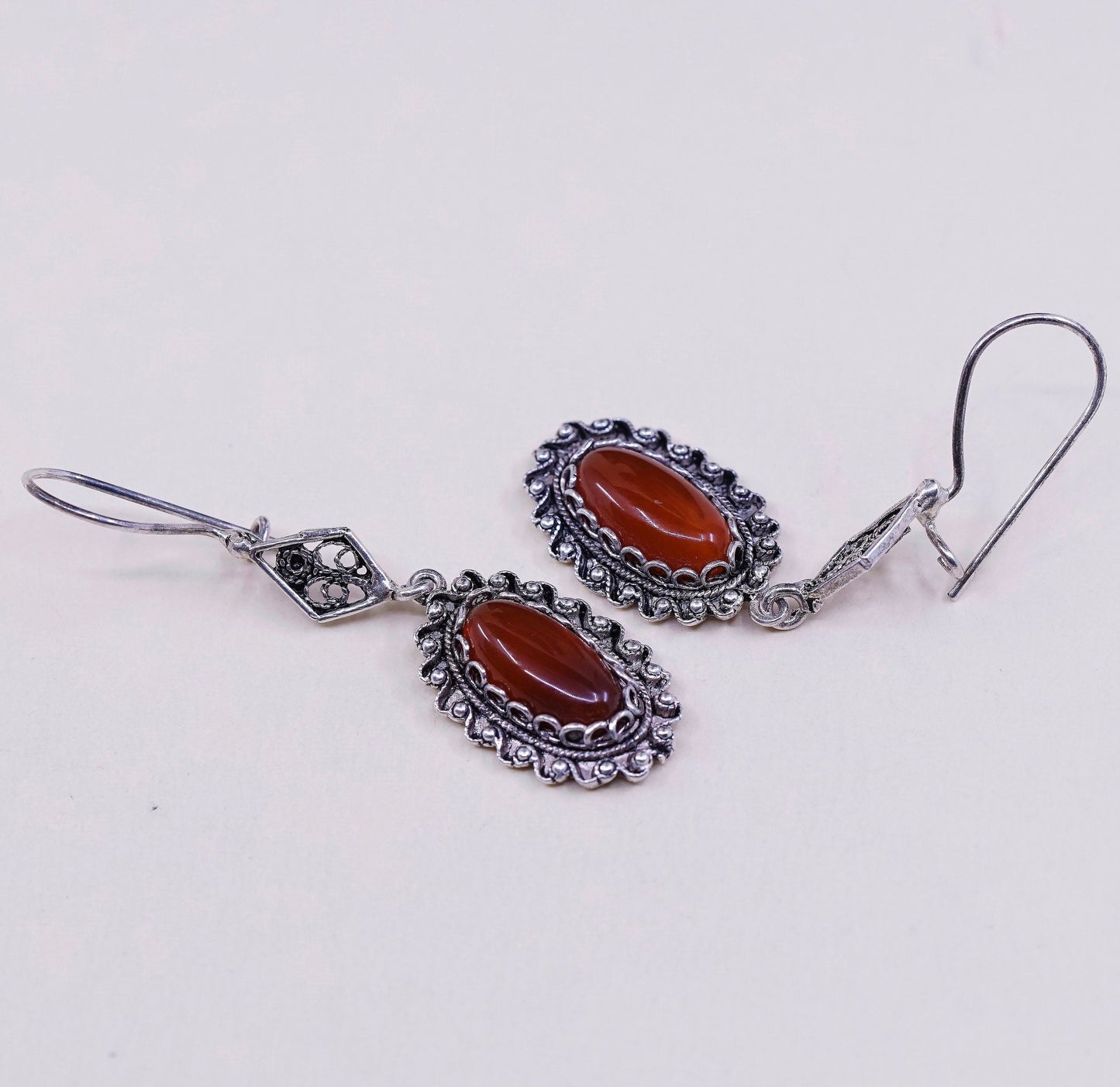 vtg Sterling silver handmade earrings, 925 w/ oval carnelian and bali