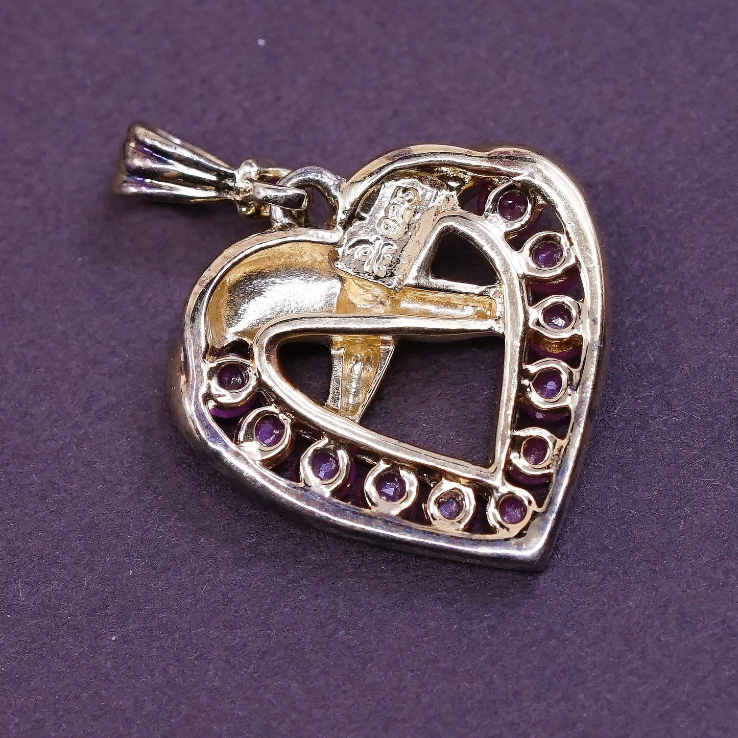 vtg sterling silver handmade pendant, vermeil gold over 925 heart w/ ruby