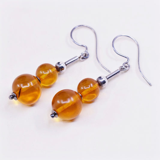 Vintage Sterling 925 silver handmade earrings with amber bead, stamped 925