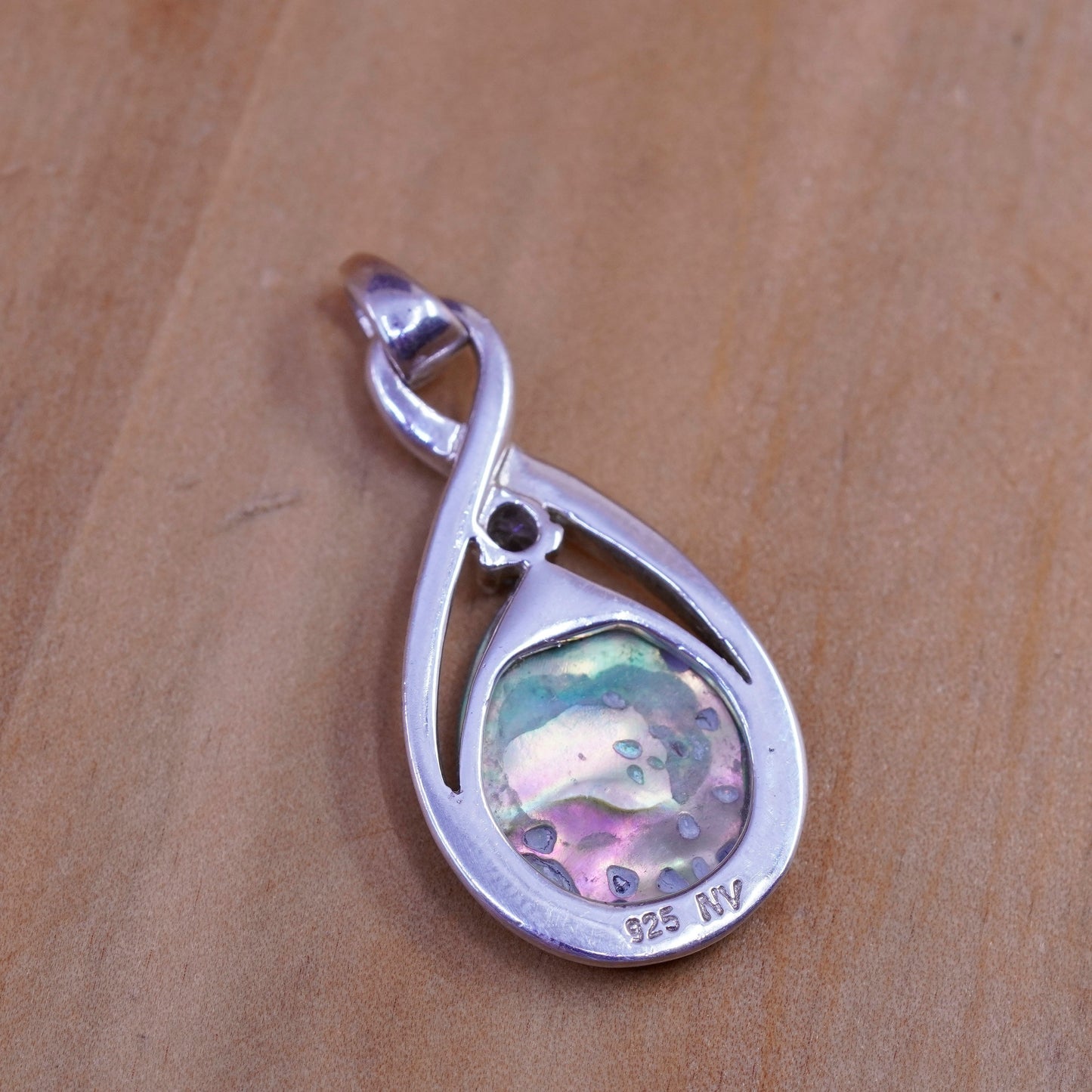 Vintage Sterling 925 silver handmade pendant with teardrop abalone and topaz