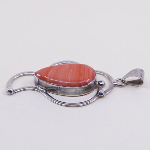 Vtg Huge Mexico 925 Sterling Silver Handmade Pendant W/ Orange agate