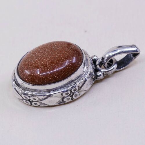 Vintage Sterling Silver Handmade Pendant, 925 Silver W/ Oval Goldstone