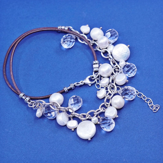 16+2”, Sterling 925 silver leather necklace w/ cluster coin pearl crystal beads