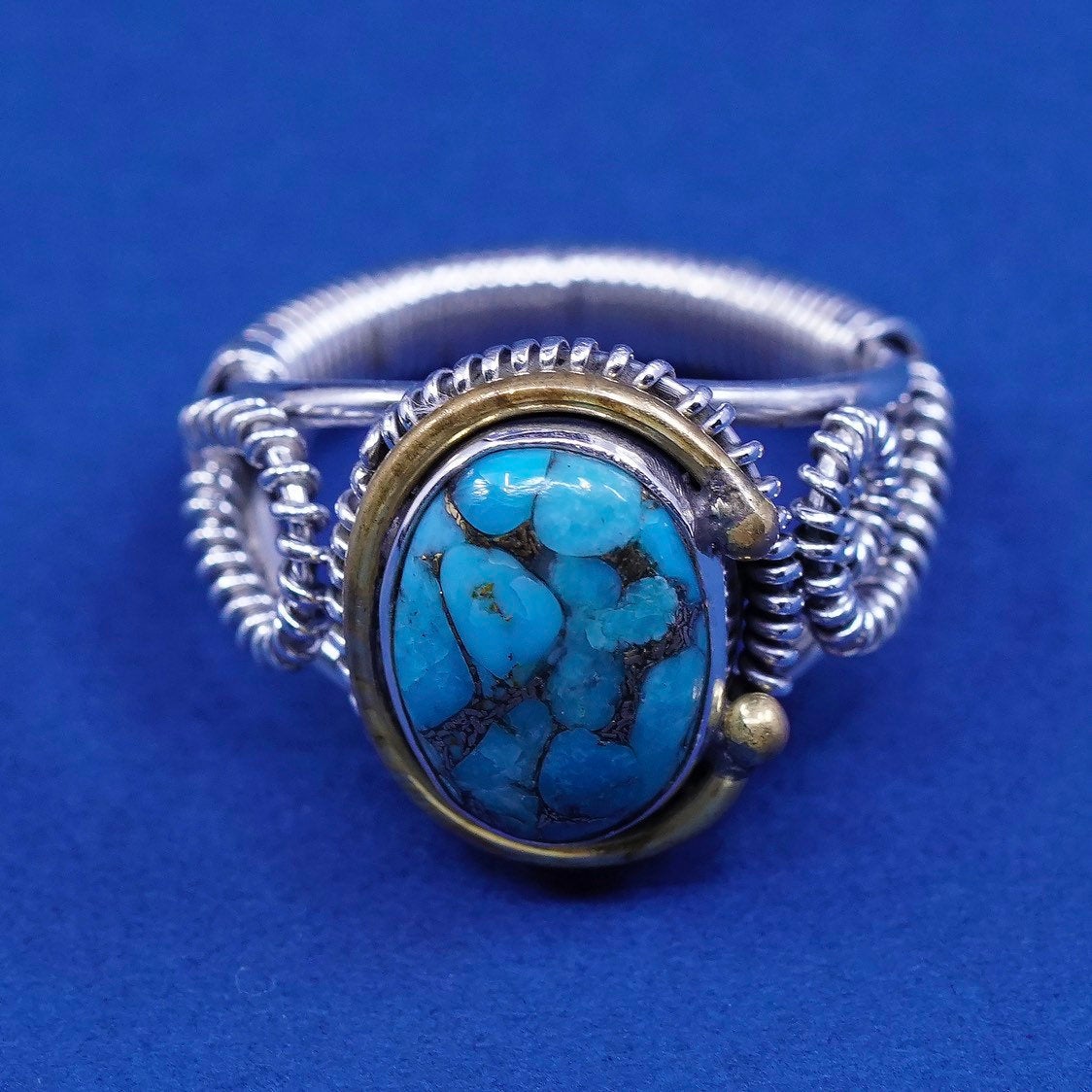 sz 8, vtg Sterling silver wired ring, Native American, 925 w/ Damele Turquoise