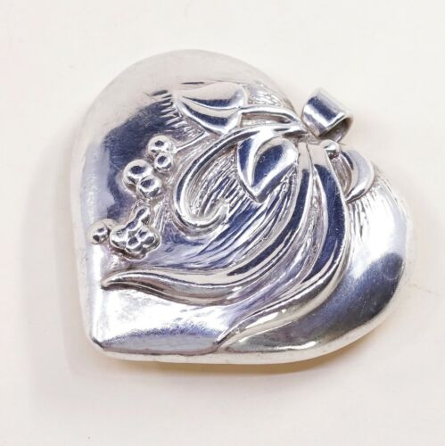 Vintage sterling silver handmade pendant, fine 925 Heart W/ Flower