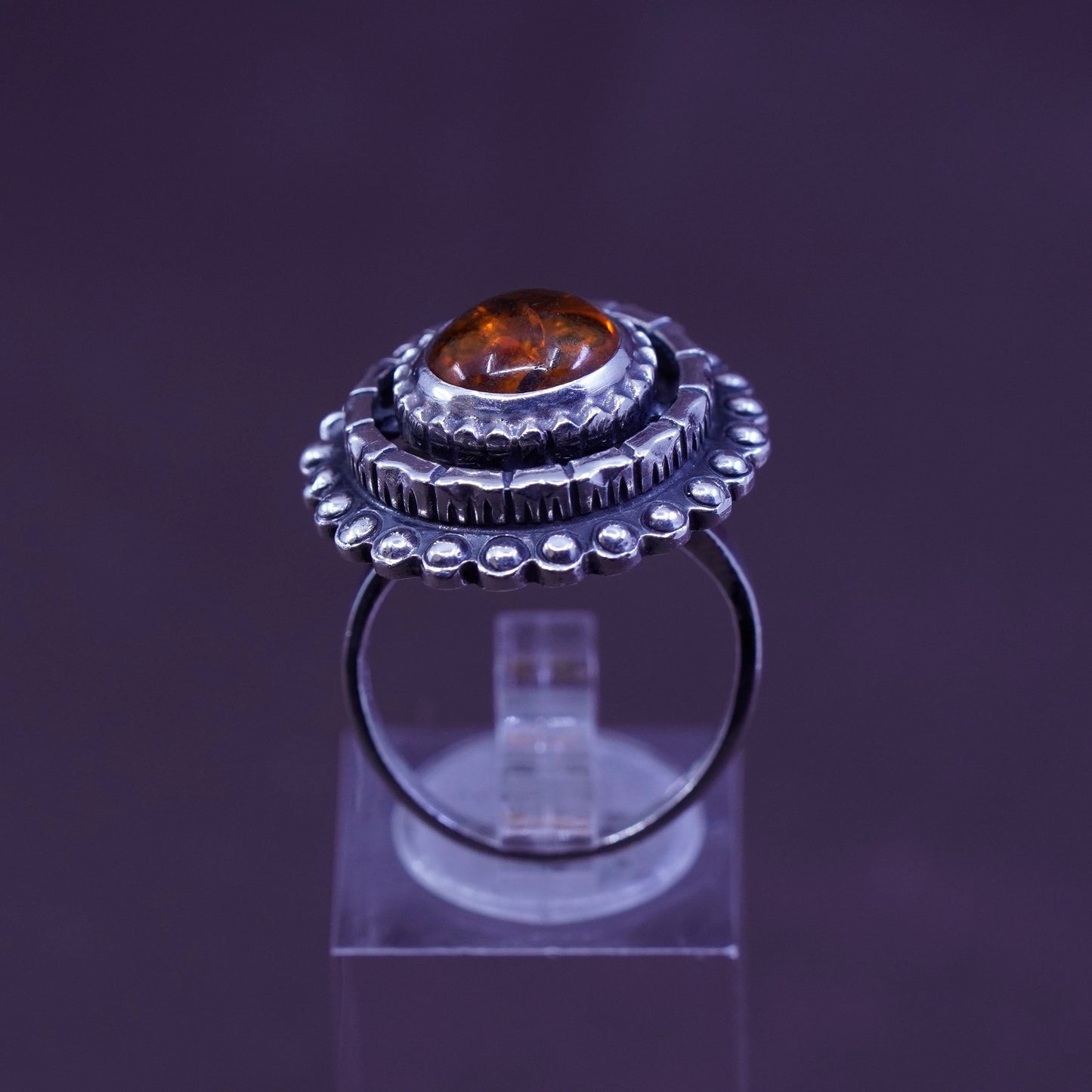 Size 7.5, vtg KALUPE Sterling 925 silver handmade sun ring with Amber and beads