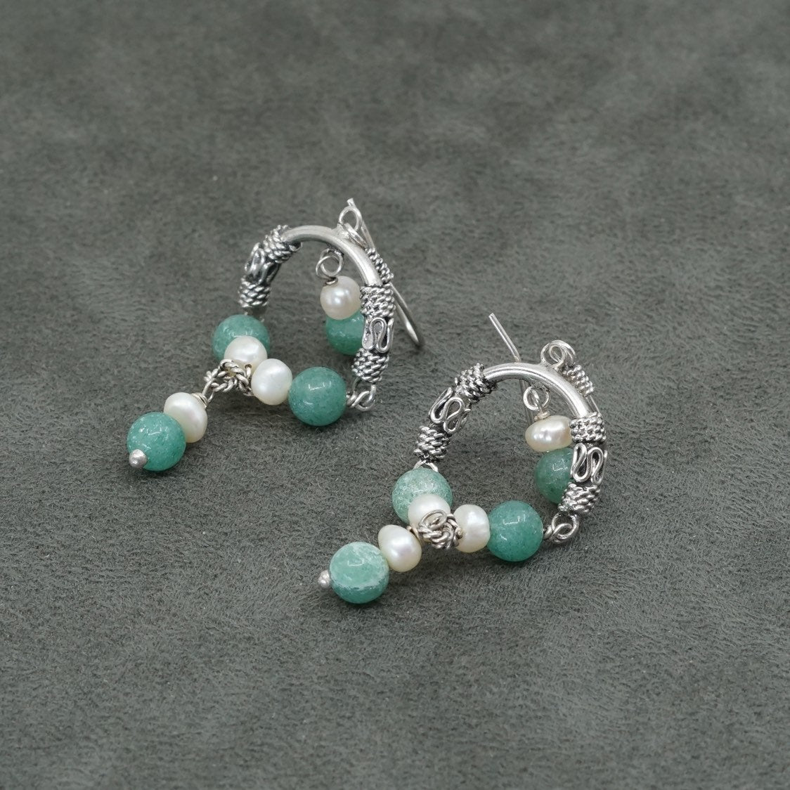 vtg Sterling silver handmade earrings, 925 hoops w/ freshwater pearl N jade