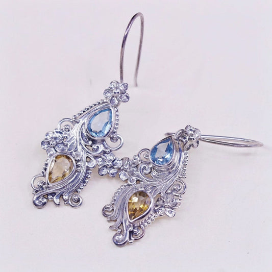 vtg Sterling silver handmade earrings, 925 dangles w/ citrine, topaz n flower