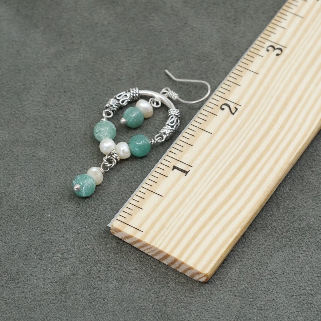 vtg Sterling silver handmade earrings, 925 hoops w/ freshwater pearl N jade